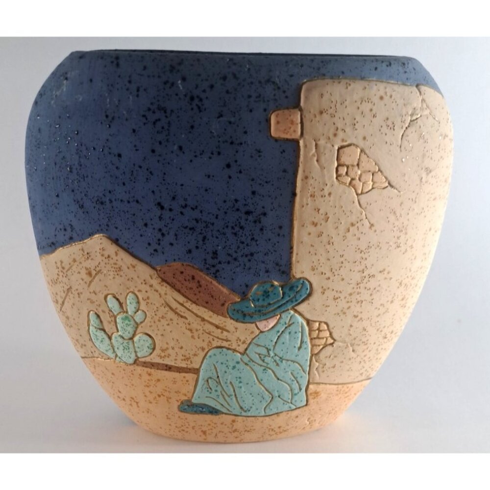 Vintage Siesta Sombrero Vase Southwestern Porous Texture Blue Tan TexMex 1991